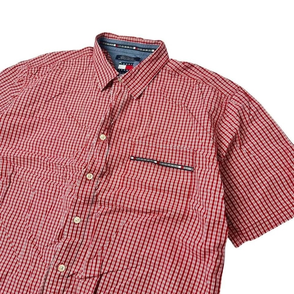 Tommy Jeans Red Plaid Short Sleeve Button Up Shirt Mens XXL Boxy Fit